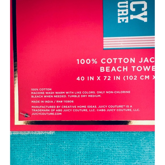 BNWT Juicy Couture Beach Towel 6 Feet Long Blue Pink White Cotton Jacquard‎ - Picture 3 of 4